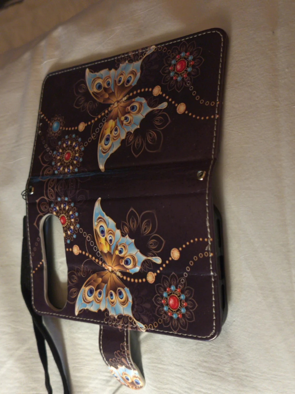 Purple Butterfly Wallet Phone Case with Wrist Strap